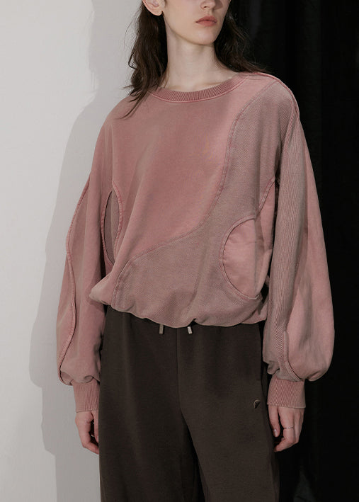 Organic Pink O Neck Patchwork Cotton Sweatshirts Top Fall