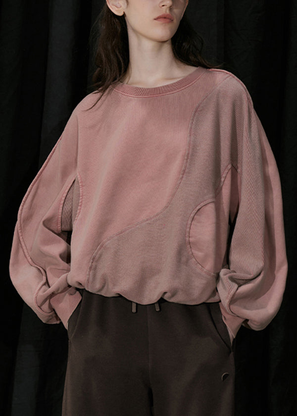 Organic Pink O Neck Patchwork Cotton Sweatshirts Top Fall