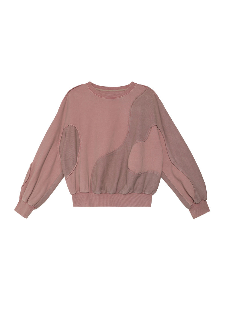 Organic Pink O Neck Patchwork Cotton Sweatshirts Top Fall