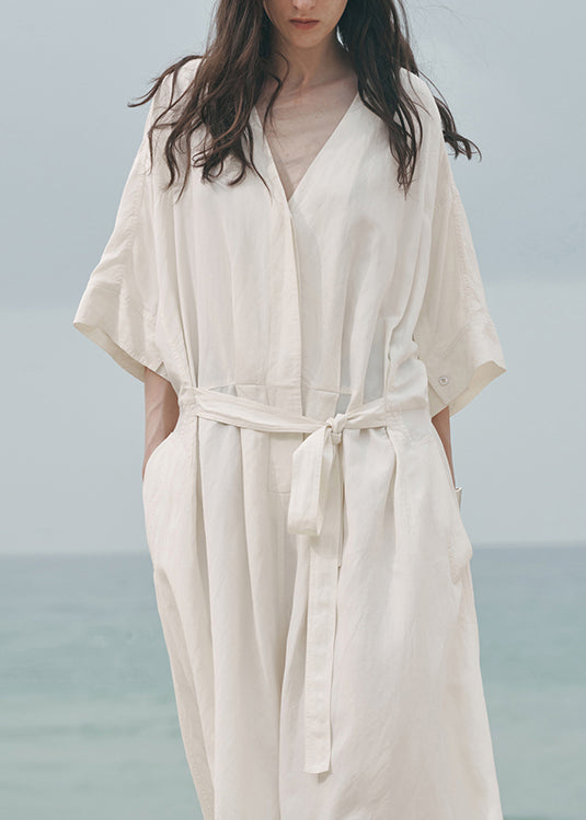 Organic White O Neck Lace Up Wrinkled Cotton Dress Summer