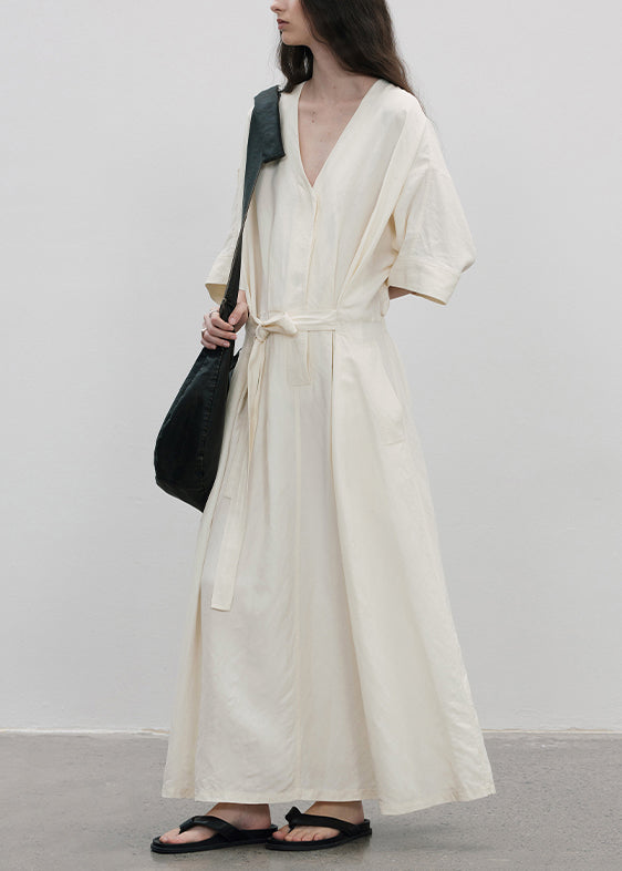 Organic White O Neck Lace Up Wrinkled Cotton Dress Summer