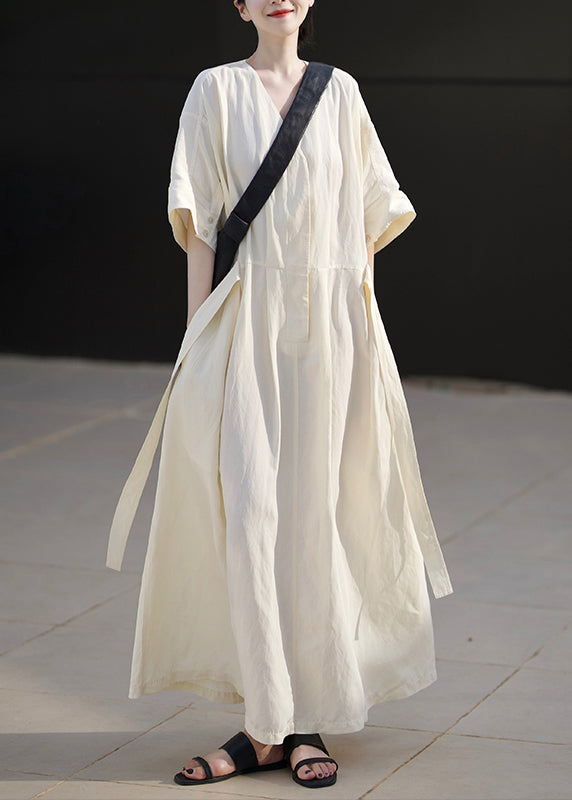 Organic White O Neck Lace Up Wrinkled Cotton Dress Summer