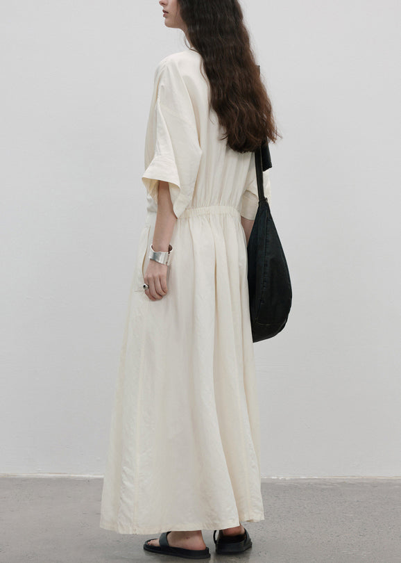 Organic White O Neck Lace Up Wrinkled Cotton Dress Summer