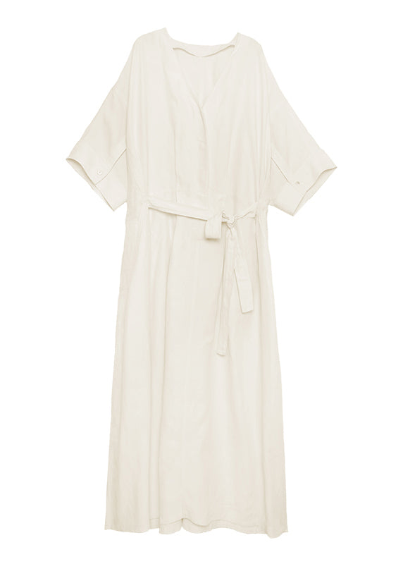 Organic White O Neck Lace Up Wrinkled Cotton Dress Summer