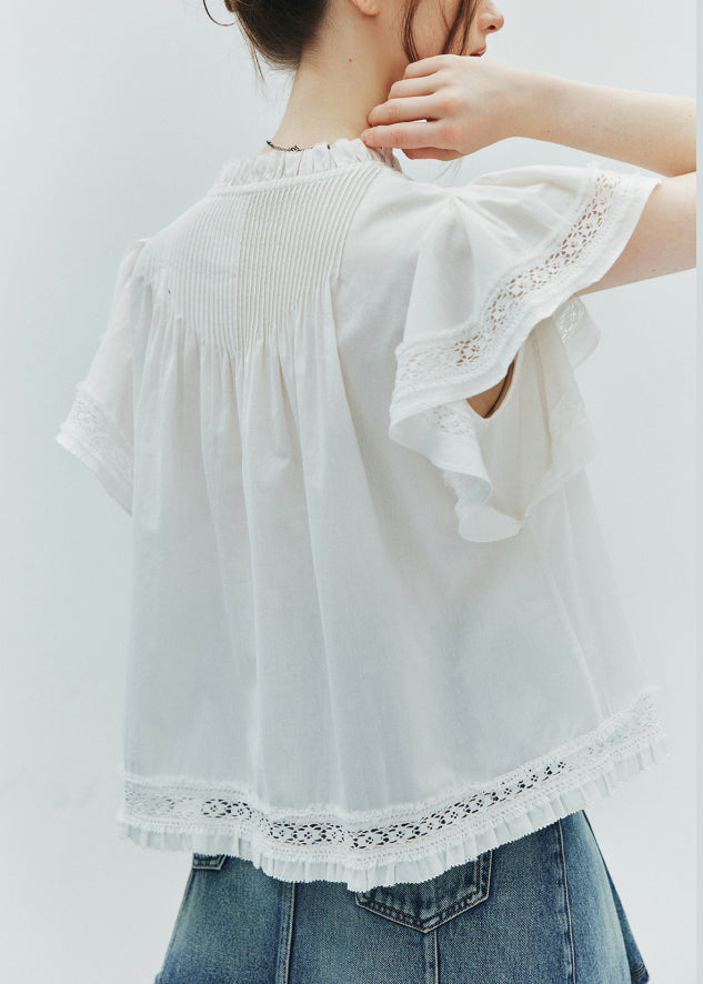 Organic White Ruffled Patchwork Cotton Shirt Top Butterfly Sleeve