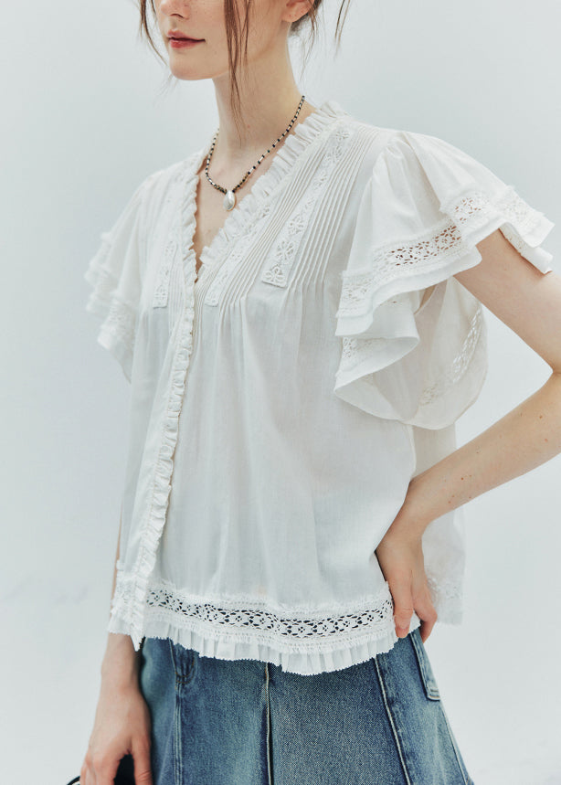 Organic White Ruffled Patchwork Cotton Shirt Top Butterfly Sleeve