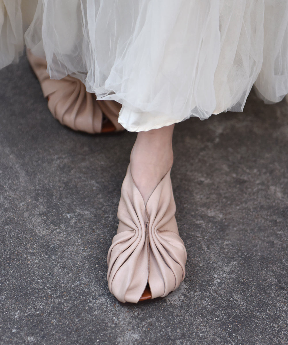 Original Apricot Cowhide Leather Hollowed Out Fish Mouth Flat Sandals