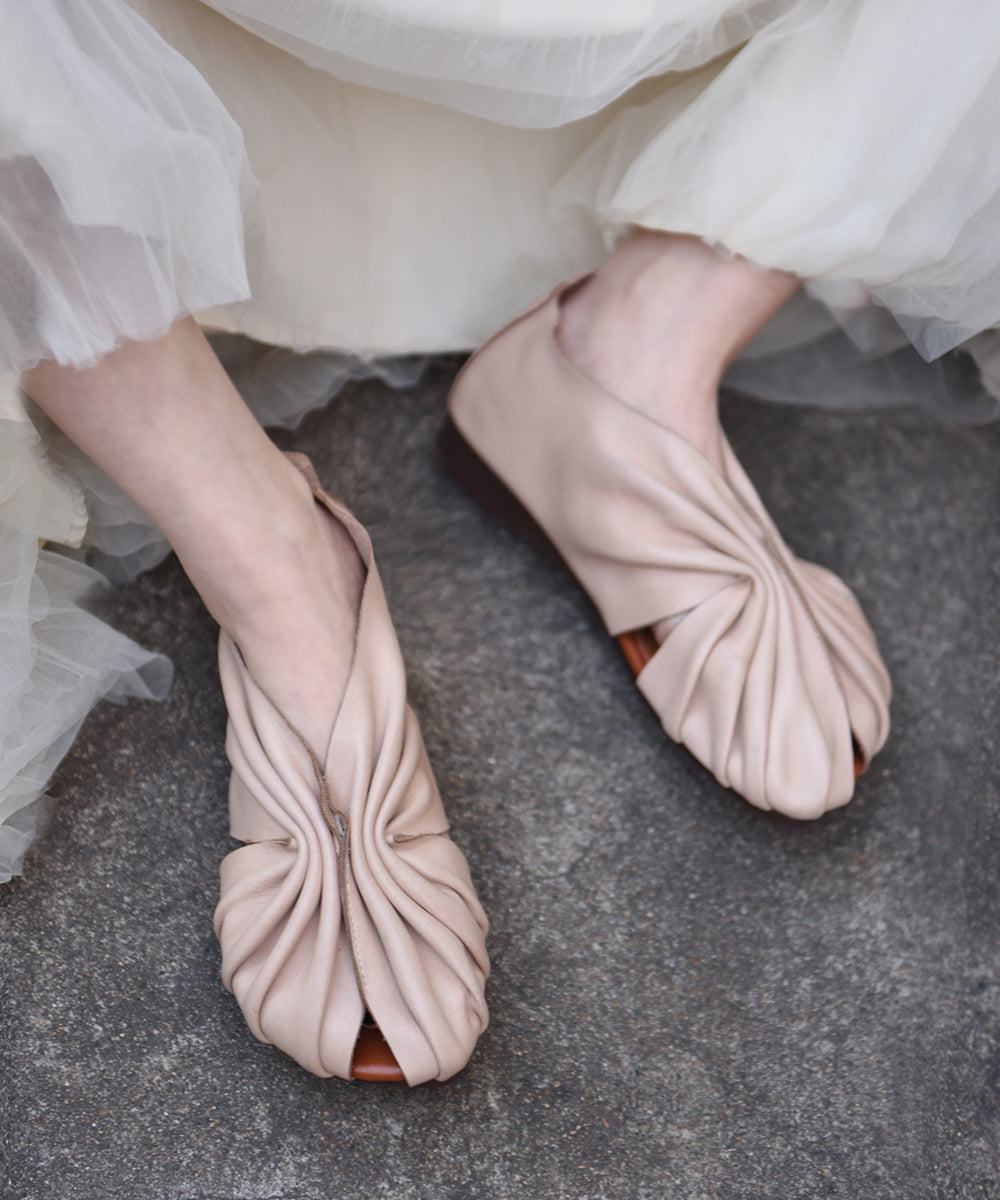 Original Apricot Cowhide Leather Hollowed Out Fish Mouth Flat Sandals