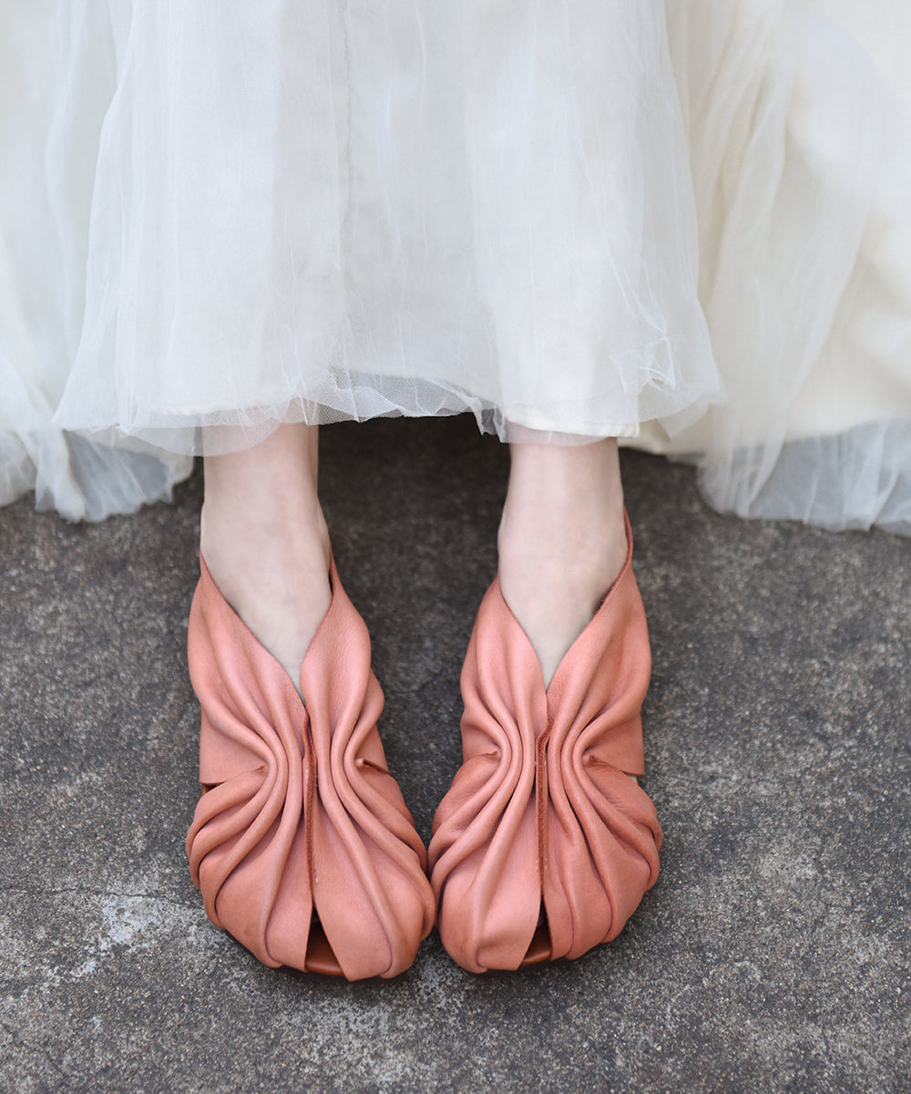 Original Apricot Cowhide Leather Hollowed Out Fish Mouth Flat Sandals