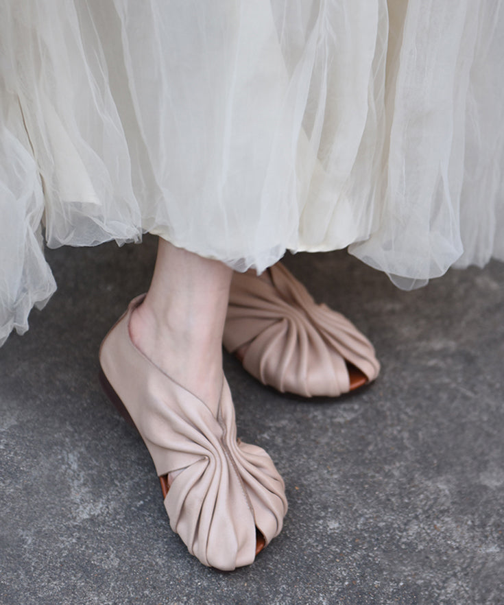 Original Apricot Cowhide Leather Hollowed Out Fish Mouth Flat Sandals