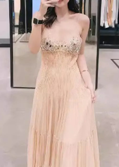 Original Beige V Neck Nail Bead Cinched Silk Holiday Long Dress Summer