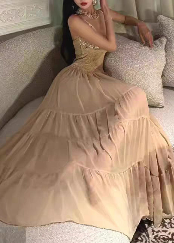 Original Beige V Neck Nail Bead Cinched Silk Holiday Long Dress Summer