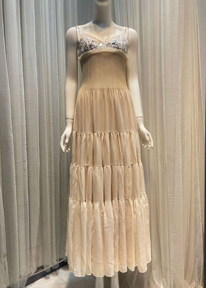 Original Beige V Neck Nail Bead Cinched Silk Holiday Long Dress Summer