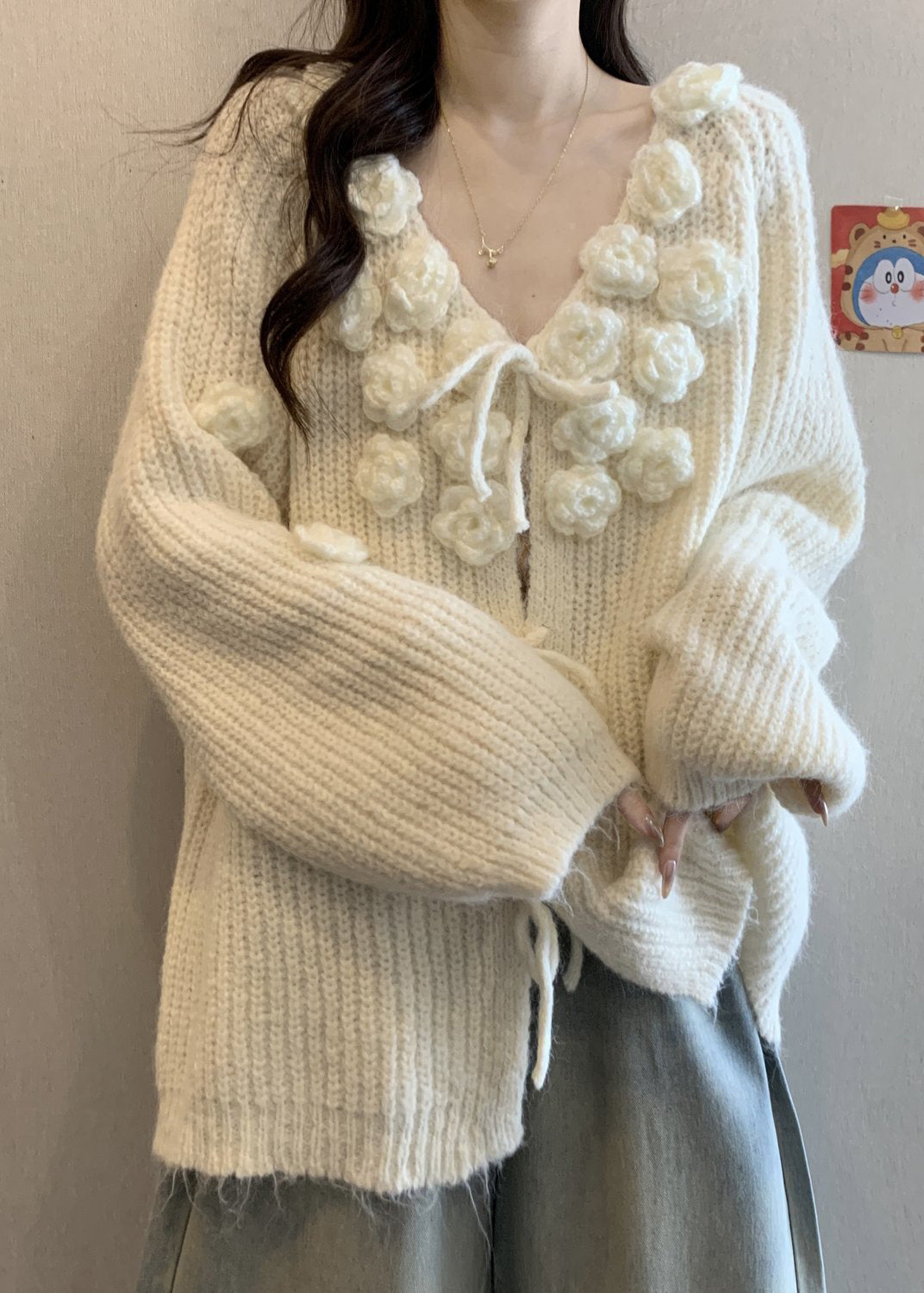 Original Design Apricot Floral Solid Cotton Knit Cardigan