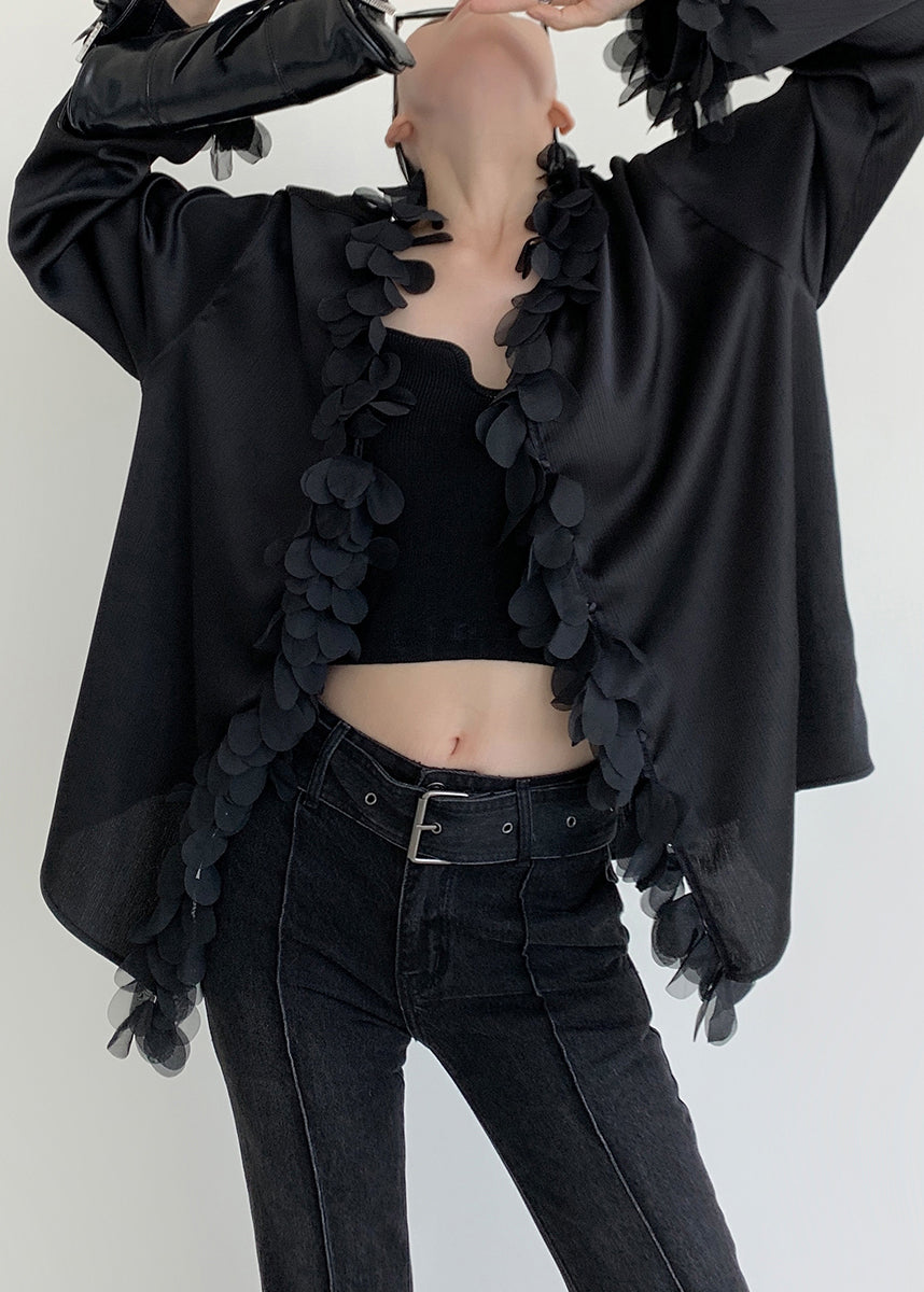 Original Design Black V Neck Patchwork Cotton Shirt Fall