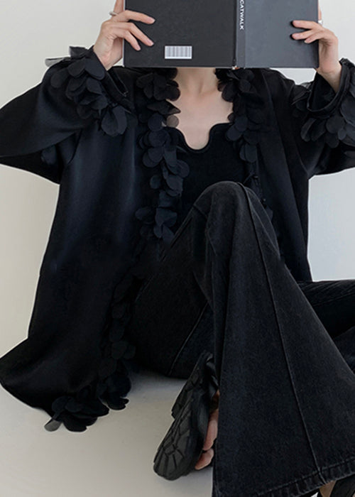 Original Design Black V Neck Patchwork Cotton Shirt Fall