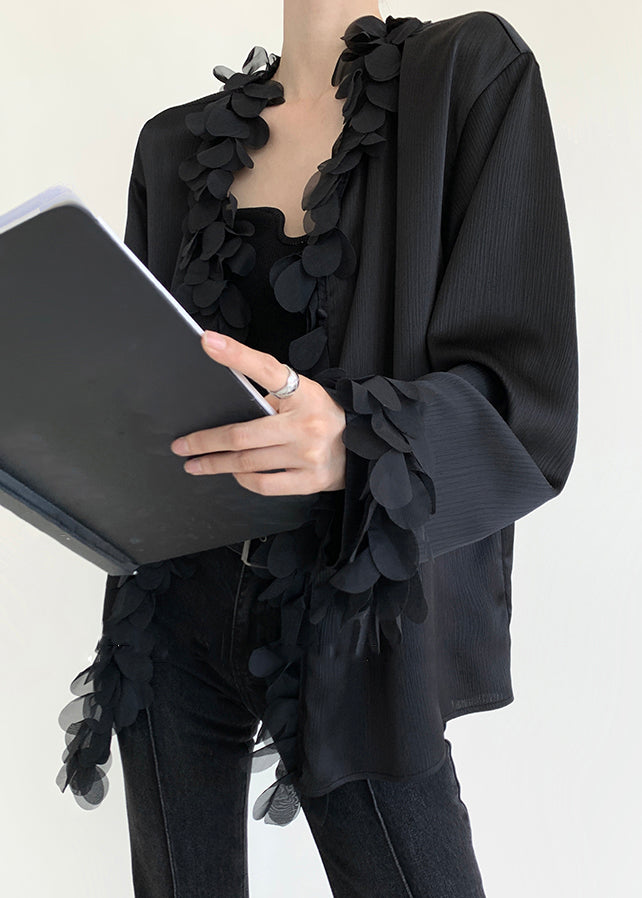 Original Design Black V Neck Patchwork Cotton Shirt Fall