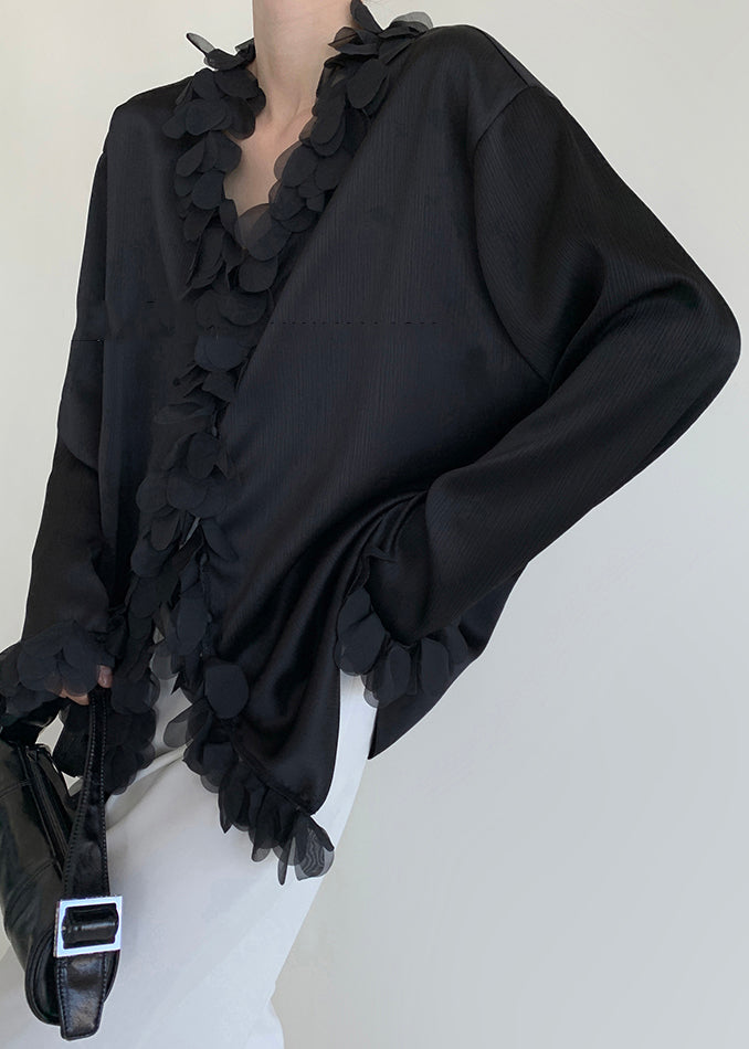 Original Design Black V Neck Patchwork Cotton Shirt Fall