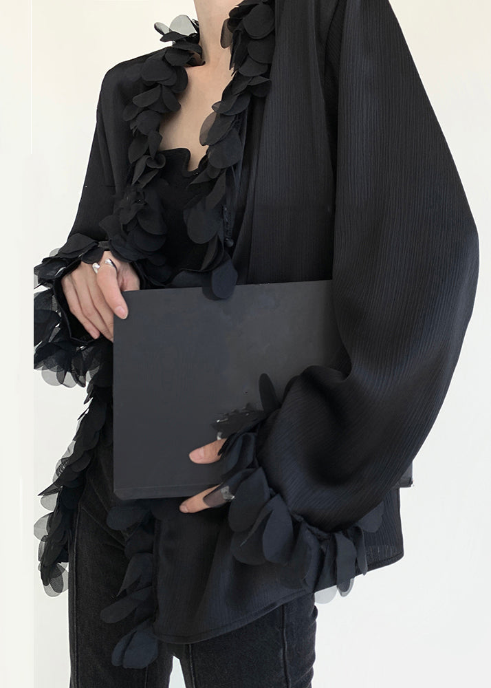 Original Design Black V Neck Patchwork Cotton Shirt Fall