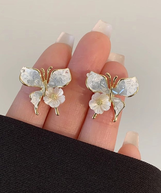 Original Design Blue Sterling Silver Overgild Shell Floral Butterfly Stud Earrings