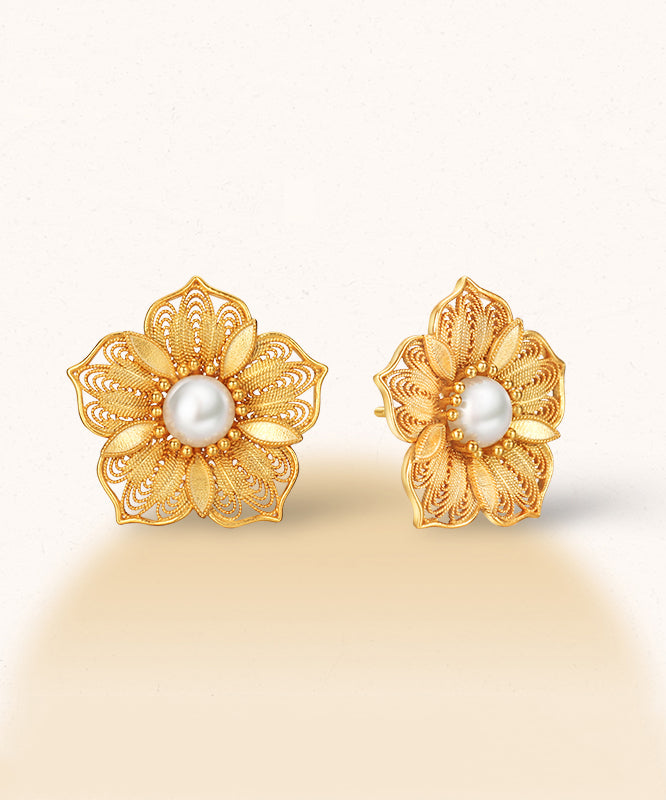 Original Design Gold Sterling Silver Overgild Pearl Hollow Out Stud Earrings