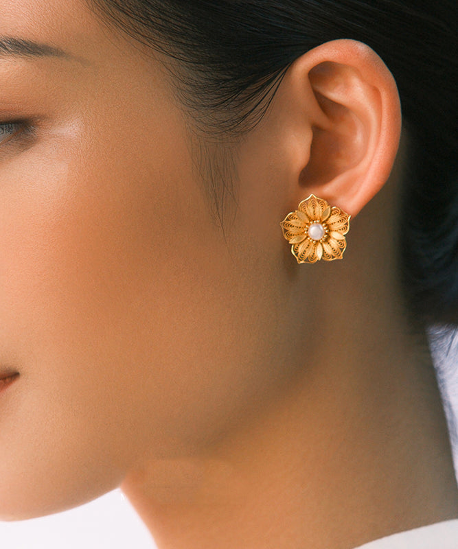 Original Design Gold Sterling Silver Overgild Pearl Hollow Out Stud Earrings