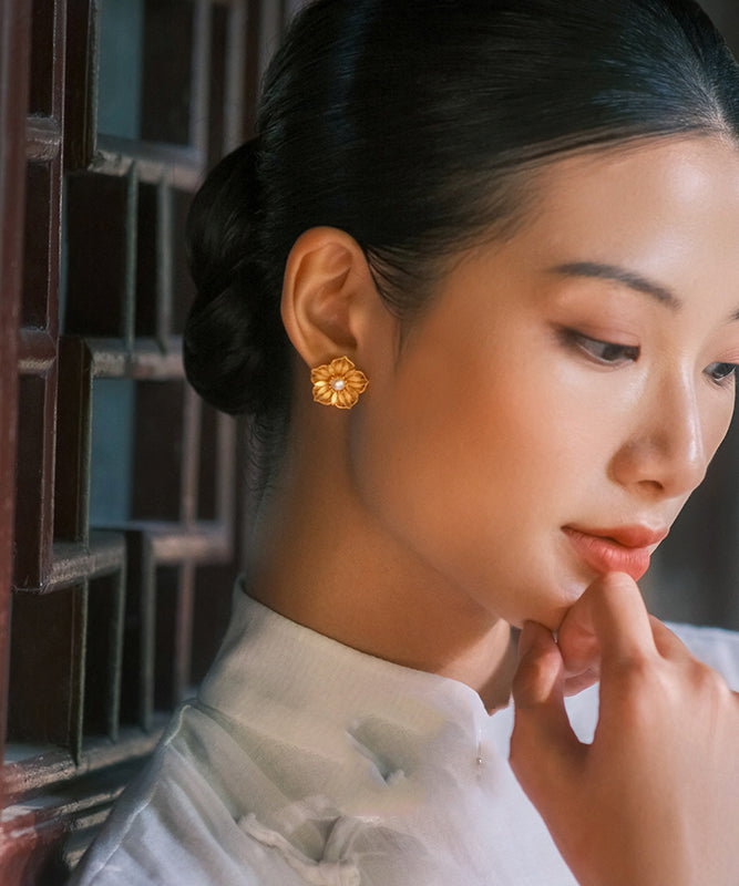 Original Design Gold Sterling Silver Overgild Pearl Hollow Out Stud Earrings