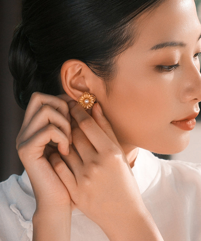 Original Design Gold Sterling Silver Overgild Pearl Hollow Out Stud Earrings