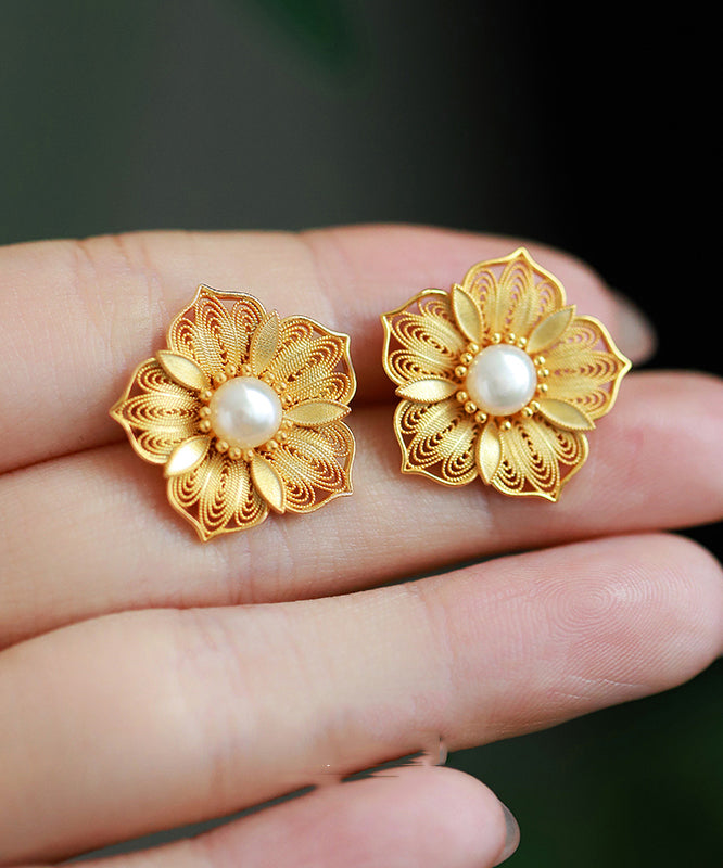 Original Design Gold Sterling Silver Overgild Pearl Hollow Out Stud Earrings