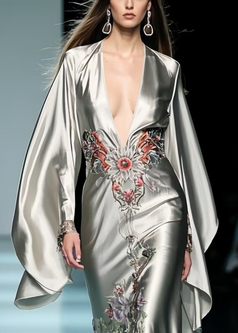 Original Design Grey Deep-V Neck Print Silk Party Dresses Batwing Sleeve