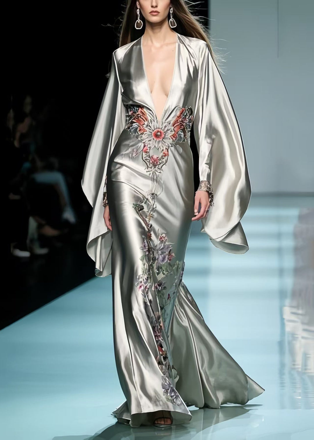 Original Design Grey Deep-V Neck Print Silk Party Dresses Batwing Sleeve