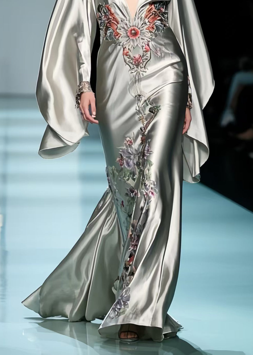 Original Design Grey Deep-V Neck Print Silk Party Dresses Batwing Sleeve