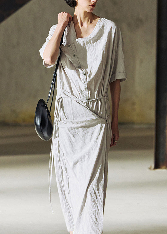 Original Design Grey Lace Up Cotton Dress Summer