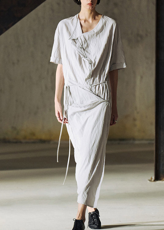 Original Design Grey Lace Up Cotton Dress Summer