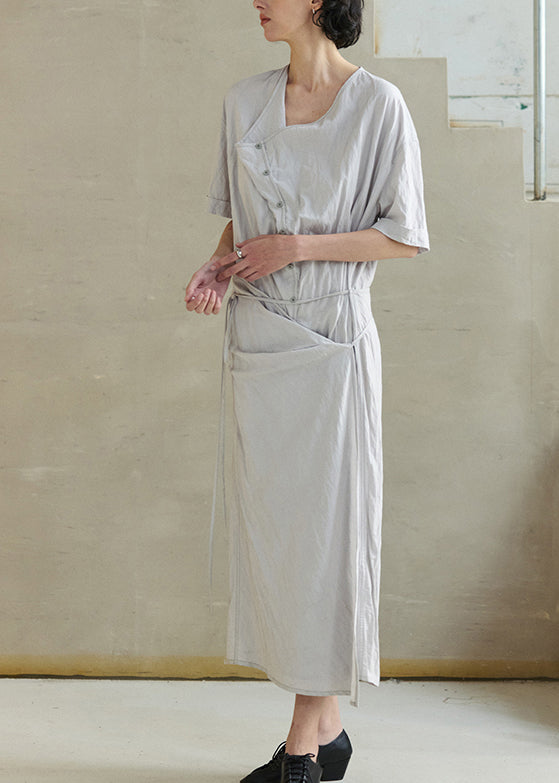 Original Design Grey Lace Up Cotton Dress Summer