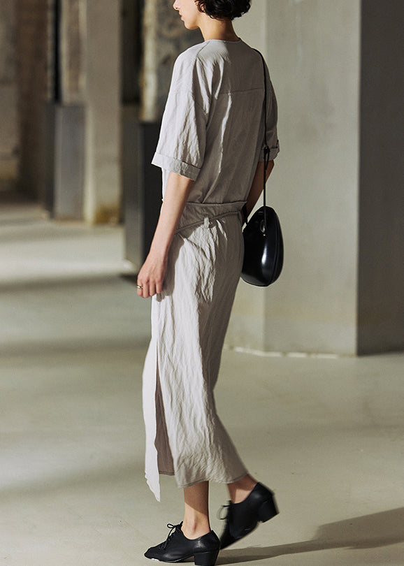 Original Design Grey Lace Up Cotton Dress Summer