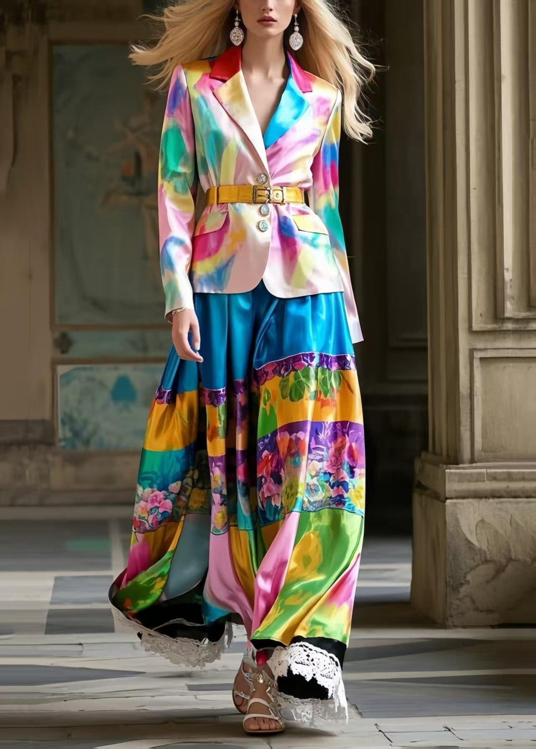 Original Design Print Patchwork Lace Silk Skirts Spring