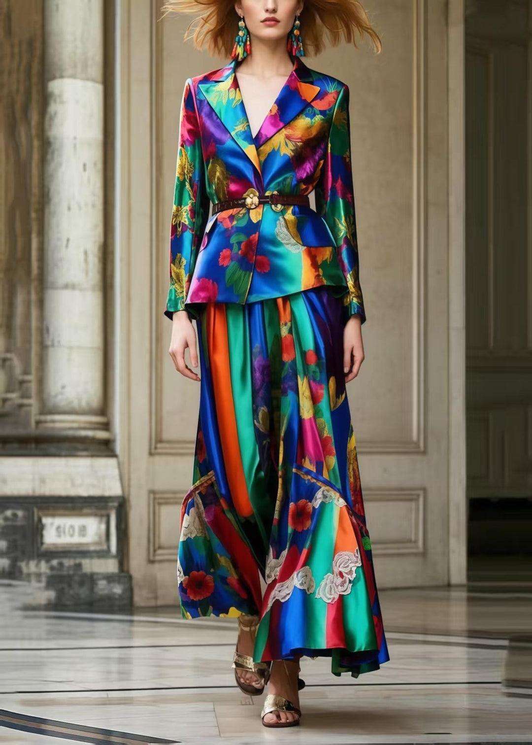 Original Design Tunic Print Silk Two Piece Set Women Clothing