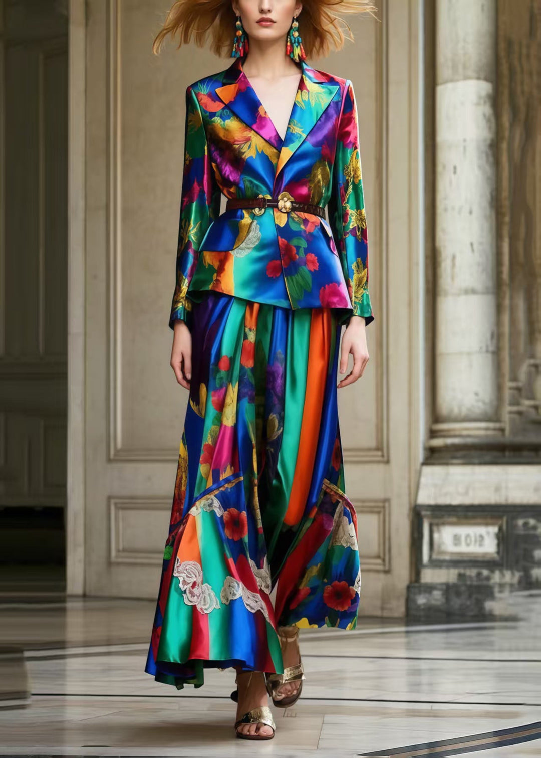 Original Design Tunic Print Silk Two Piece Set Women Clothing