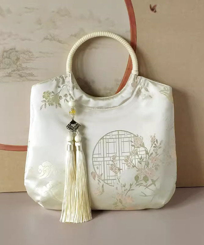 Original New Chinese Beige Tassel Print Tote Handbag