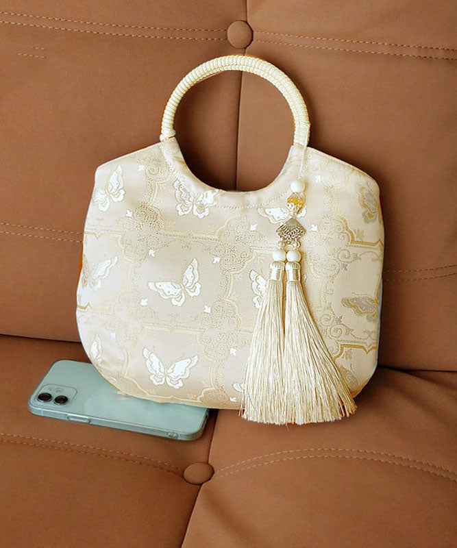 Original New Chinese Beige Tassel Print Tote Handbag