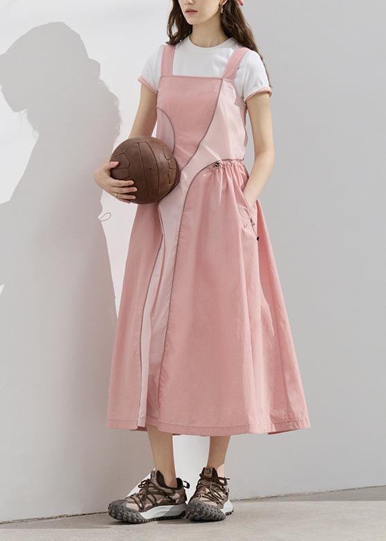 Original Summer Pink Strap Dress Asymmetrical Patchwork Drawstring