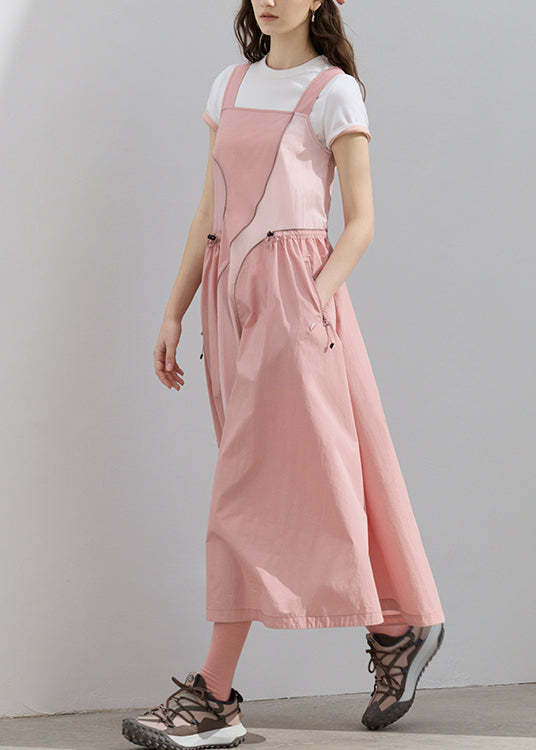 Original Summer Pink Strap Dress Asymmetrical Patchwork Drawstring
