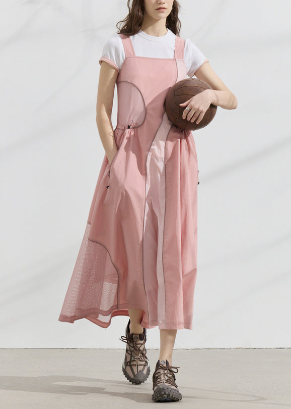 Original Summer Pink Strap Dress Asymmetrical Patchwork Drawstring