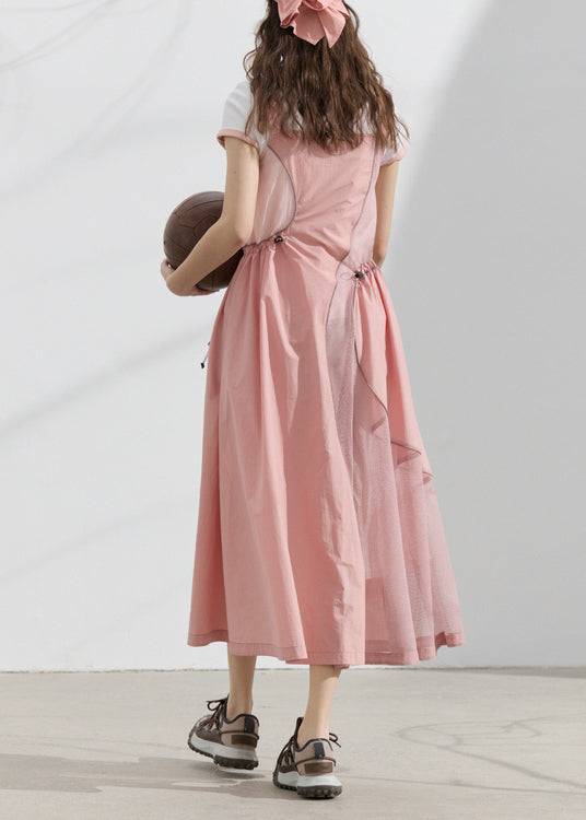 Original Summer Pink Strap Dress Asymmetrical Patchwork Drawstring