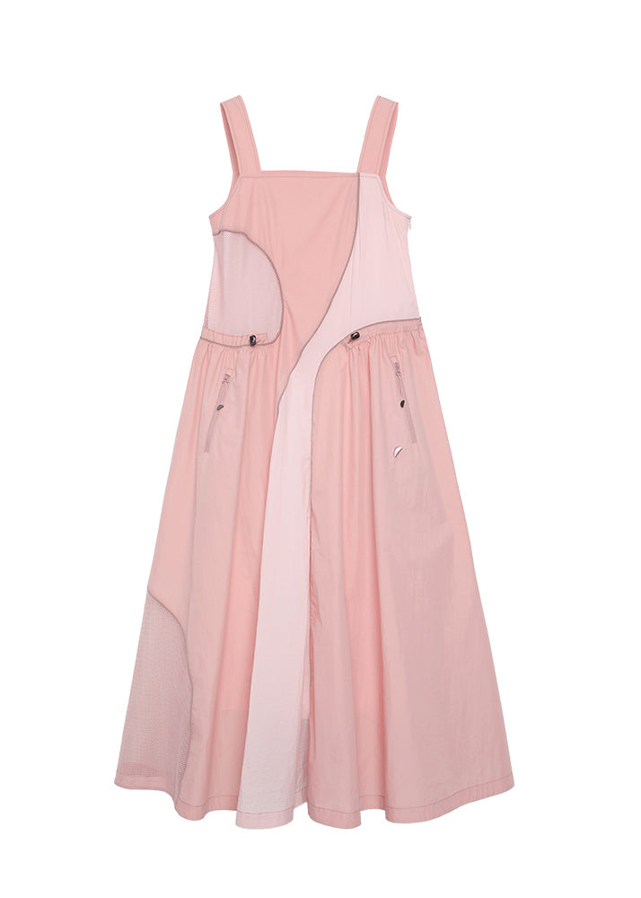 Original Summer Pink Strap Dress Asymmetrical Patchwork Drawstring