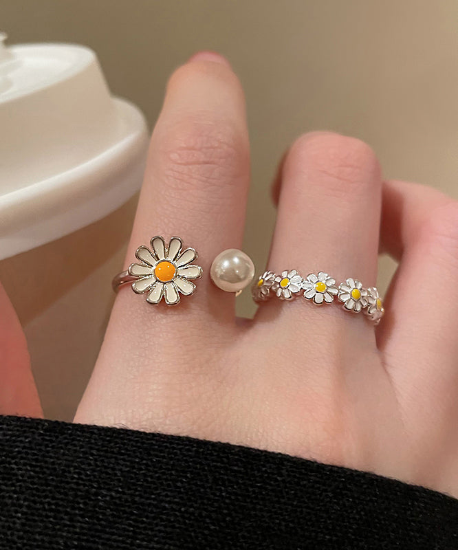 Original White Copper Glaze Floral Pearl Open Rings Two Piece Set
