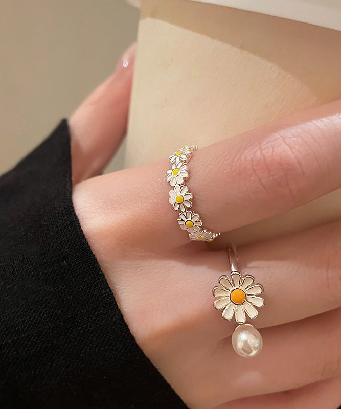 Original White Copper Glaze Floral Pearl Open Rings Two Piece Set