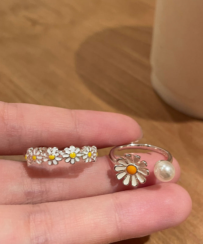 Original White Copper Glaze Floral Pearl Open Rings Two Piece Set