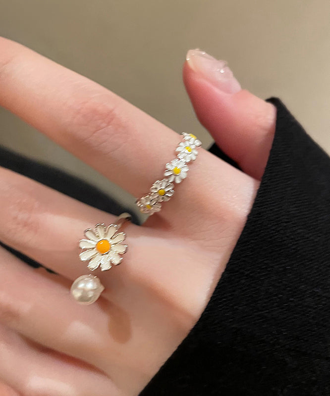 Original White Copper Glaze Floral Pearl Open Rings Two Piece Set